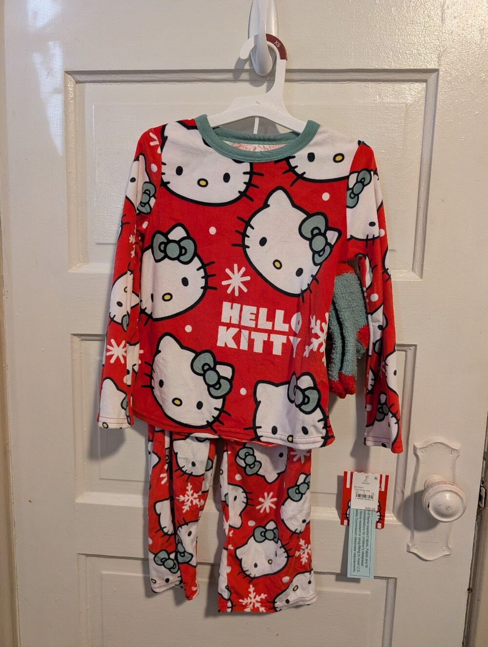 Hello Kitty Red Girls' Winter Warm Fleece Pajama Set with Socks Christmas Gift